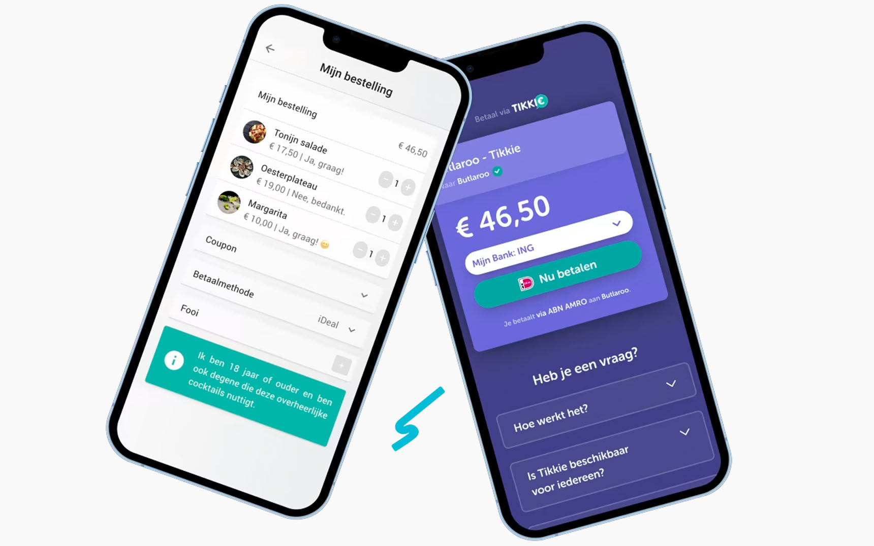 Twee mobiele telefoons met een scherm van een bestelling en van Tikkie